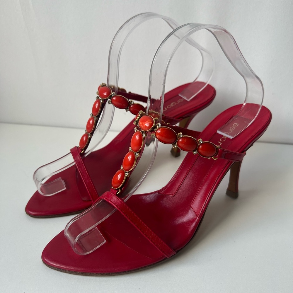 Sergio Rossi Red Crystal and Orange Stone Embellished Sandals, Size 39 - Picture 12 of 16